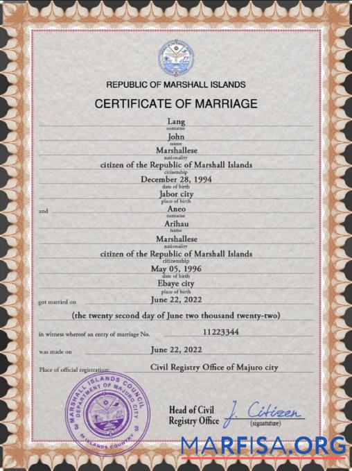 Downloadable Marshall Islands marriage certificate PSD template